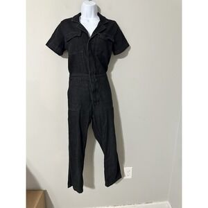 Miou Muse Black Denim Short Sleeve Utility Jumpsuit Boiler Suit NWOT Size S